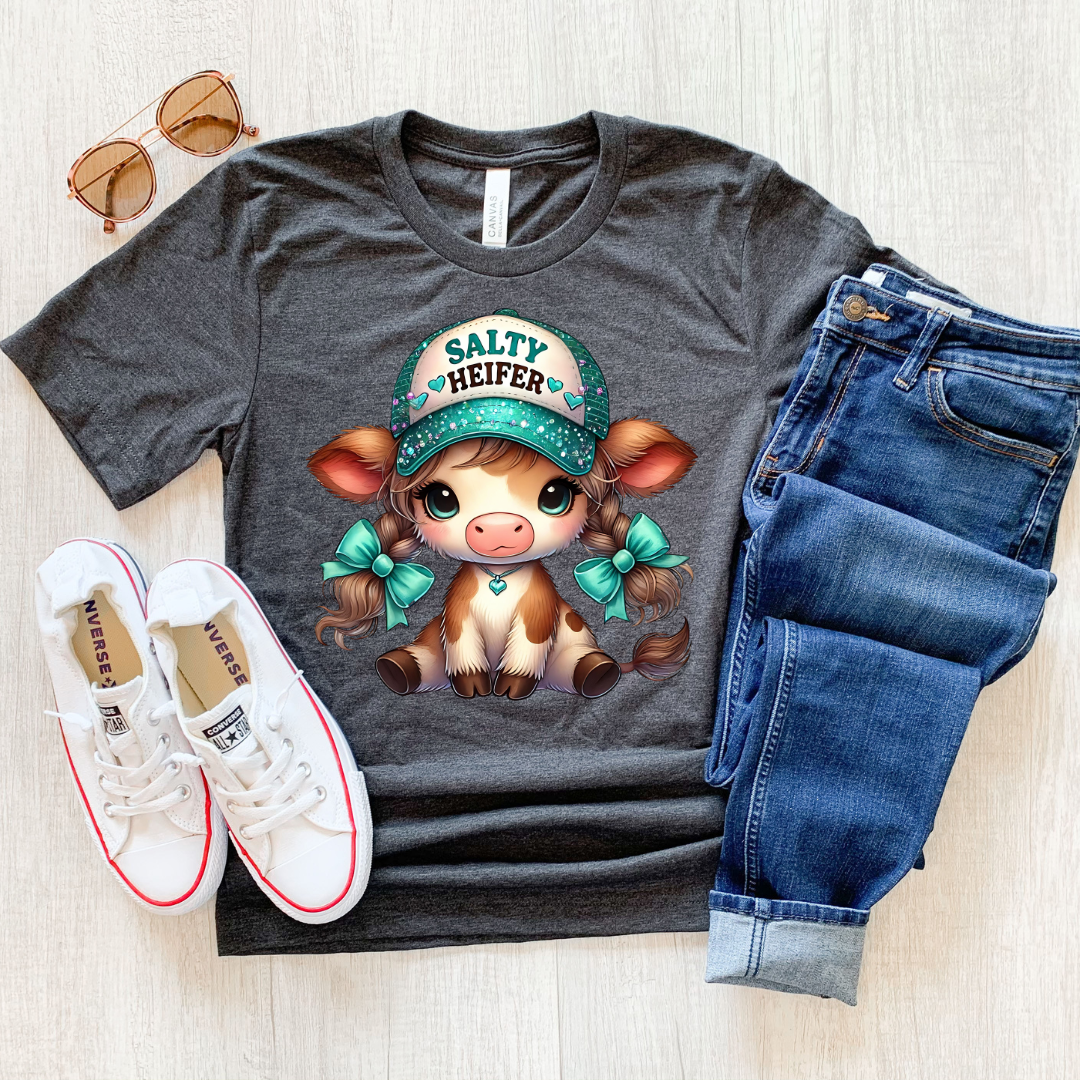 Salty Heifer Highland Cow Shirt animal lover, adult funny, and western graphic shirt design by Crafty Casey's
