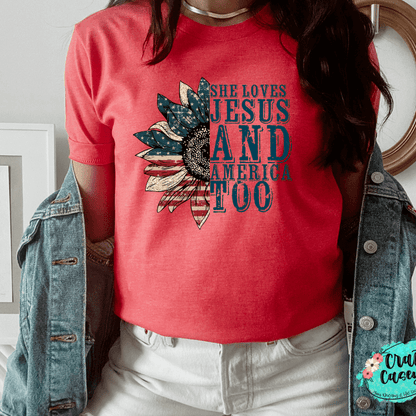 She Loves Jesus & America Sunflower Shirt summer graphic shirt by Crafty Casey’s
