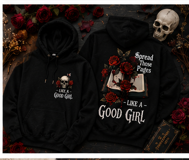 Two black hoodies with skull and rose designs on a dark background with flowers and a skull.