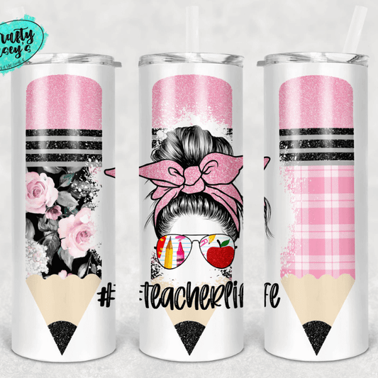 Teacher Life Pink Bow Messy Bun Pencil Tumbler